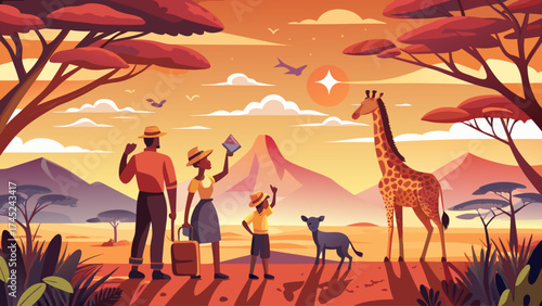 A family of four is walking through a jungle with a giraffe in the background. The man is holding a book and the woman is holding a camera. The children are carrying backpacks