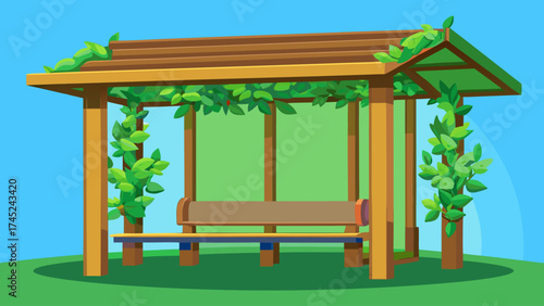 A wooden gazebo with a bench and a green curtain. The gazebo is surrounded by trees and has a lot of greenery