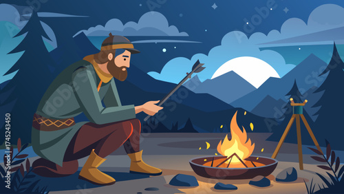 A man is sitting by a fire in the woods. He is holding a spear and he is preparing to cook something. The scene is set at night, with the moon shining brightly in the sky