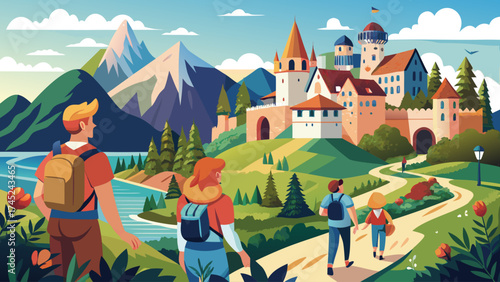A group of people are walking through a beautiful landscape with a castle in the background. The scene is peaceful and serene, with the mountains in the distance and the river flowing nearby