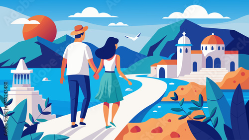 A couple is walking on a path near a body of water. The woman is wearing a green skirt