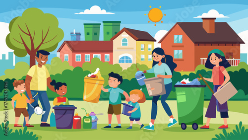 A group of people are walking in a park, some of them carrying trash bags. The scene is lively and shows people working together to keep the park clean