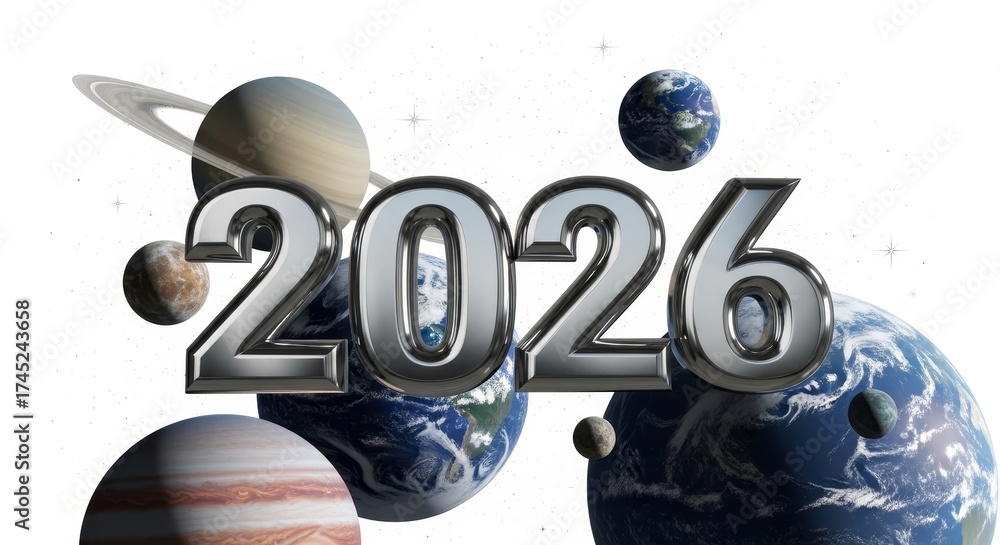 Fototapeta premium Chrome Year 2026 in Space with Planets and Stars - The presents the year 2026 in chrome, set against a backdrop of planets, stars, and outer space.