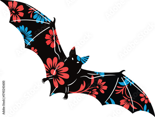 Black silhouette of a flying bat with spread wings, decorated with a vibrant, modern floral pattern of coral pink and blue flowers and leaves for a stylish, whimsical, and spooky halloween vector.