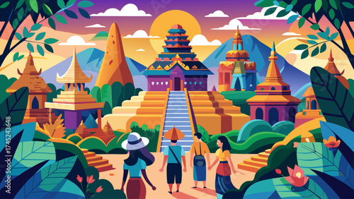 A group of people are walking through a jungle with a sunset in the background. The scene is colorful and lively, with a sense of adventure and exploration