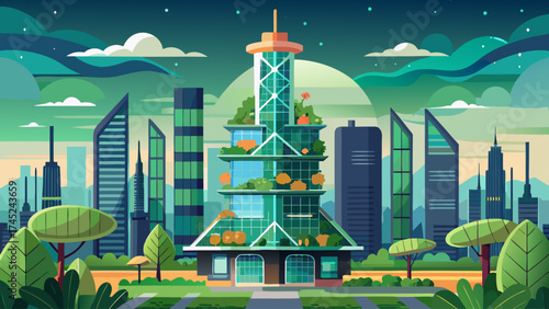 A tall building with a green roof and a green city in the background. The city is full of tall buildings and the sky is cloudy