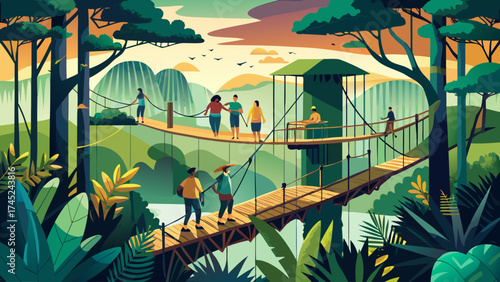 A group of people are crossing a bridge in a jungle. The bridge is made of wood and is surrounded by trees. The people are walking across the bridge
