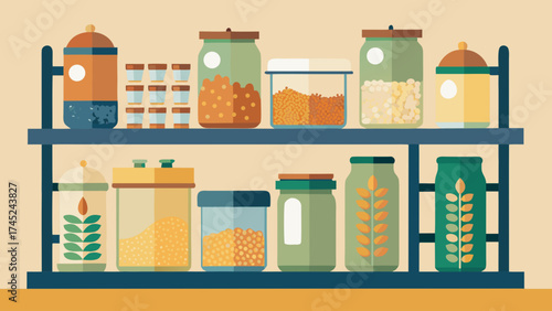 A shelf full of glass jars and bottles with labels on them. The jars are filled with various items such as nuts, beans, and other food items. The shelf is organized and well-stocked