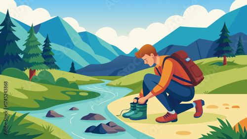 A man is standing by a river, putting on his hiking boots. The scene is set in a lush green forest with mountains in the background. The man is wearing a backpack and he is preparing for a hike