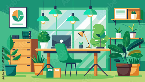 A green office with a desk, chair, and potted plants. The desk has a computer and a keyboard. The room is well lit and has a modern, clean look