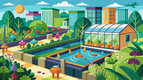 A cartoon drawing of a city with a garden and a greenhouse. The garden has a pond with fish and a few mushrooms. The greenhouse has a variety of plants and a birdhouse