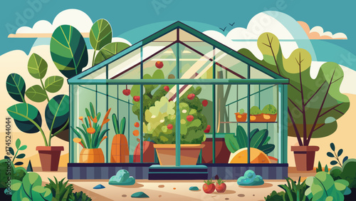 A greenhouse filled with a diverse array of plants, including a variety of trees and shrubs. The greenhouse is surrounded by a path, and there are several potted plants placed throughout the scene