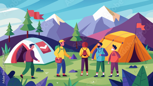 A group of people are standing in a field with tents and flags. They are talking to each other and seem to be enjoying their time together