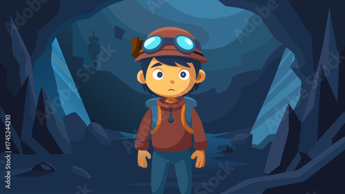A boy in a brown jacket and goggles stands in front of a cave. He looks sad and is looking down