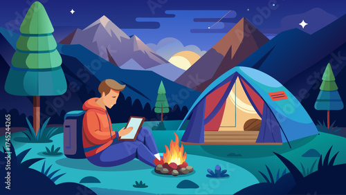 A man is sitting by a campfire in the woods. He is reading a book on his tablet. The scene is peaceful and serene, with the man enjoying the warmth of the fire and the quiet of the woods