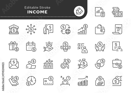 Income line icon set. Money, salary, payment, wages, pension, bonus, earnings, dividends, tax, accounting and more. Outline icon in linear style. Vector collection.	