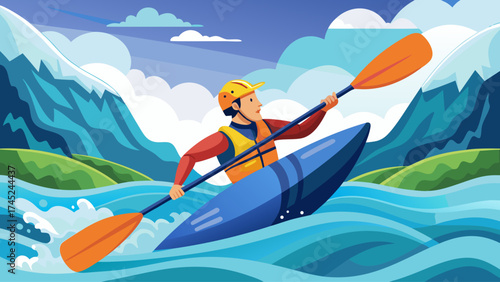 A man in a yellow helmet paddles a blue kayak in a river. The scene is lively and adventurous, with the man skillfully navigating the rapids. The water is choppy