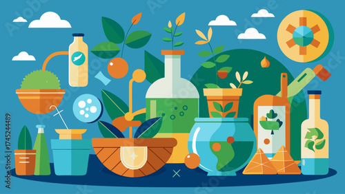 A colorful illustration of various items, including a bowl, a vase, a bottle, and a fish tank, with a green background. Concept of creativity and a focus on natural elements