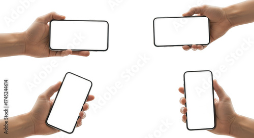 Four hands holding smartphones in different orientations isolated on transparent background