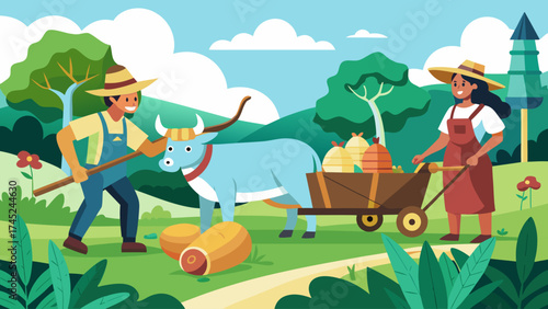 A man and a woman are working together to move a cart full of vegetables. The man is holding a pitchfork and the woman is pushing the cart
