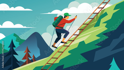A man is climbing a ladder up a mountain. The scene is set in a lush green forest with a clear blue sky. The man is wearing a backpack and he is enjoying the climb
