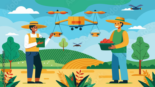 Two men are holding baskets of fruit and wearing straw hats. They are surrounded by a field of crops and a few airplanes flying overhead