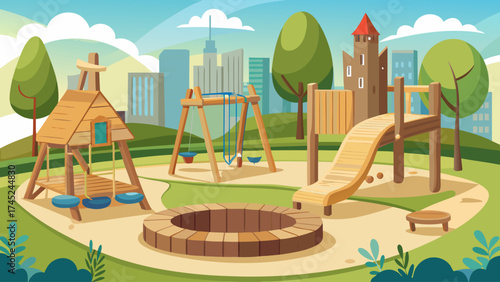 A park with a playground and a slide. The playground has a swing set and a playhouse
