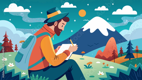 A man is sitting in a field with a backpack and a pen. He is writing in a notebook. The scene is peaceful and serene, with a mountain in the background. The man seems to be enjoying the moment
