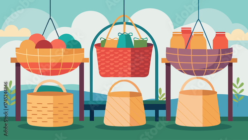 Three baskets of fruit hanging from a rack. The baskets are of different colors and sizes. The scene is set in a field with a blue sky in the background