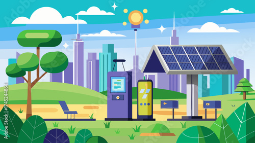 A city with a park and a solar powered gas station. The gas station is purple and has a solar panel on top