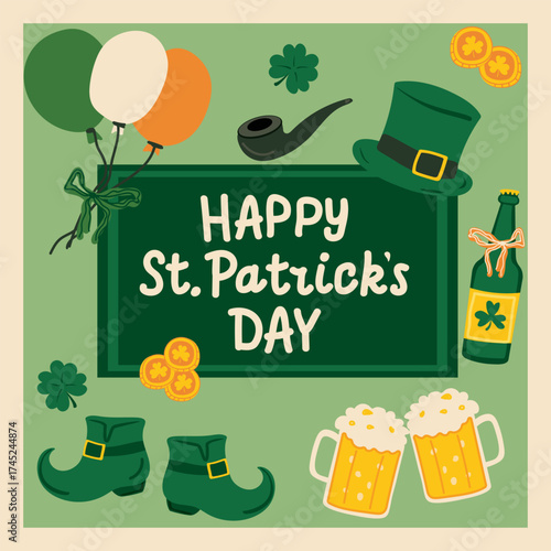 Cheerful Irish party celebration with frothy beer, hat, coins, balloons and clovers for March 17 seasonal poster