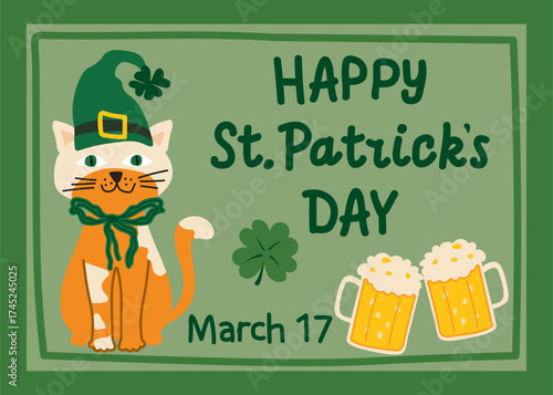 Funny Irish cat wearing leprechaun hat with clovers and frothy beer mugs, cheerful St. Patrick’s Day greeting vector