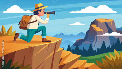 A man is looking through a telescope at a mountain. The scene is set in a mountainous area with a clear blue sky