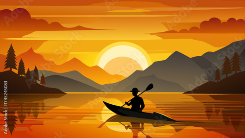 A man paddles a canoe on a lake at sunset. The sky is orange and the water is calm