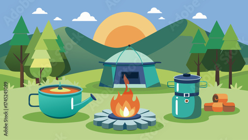 A picture of a campsite with a blue tent, a green pot, and a blue cup. The scene is set in a forest with a fire pit and a sun in the background. The atmosphere is warm and inviting