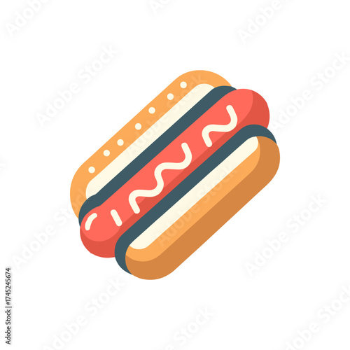 A colorful hot dog with toppings on a white background, perfect for food-related content