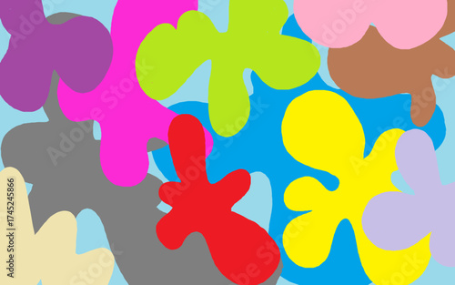 an abstract digital artwork composed of colorful, amorphous blob-like shapes layered over a light blue background. The shapes are organic and irregular, overlapping each other in various colors includ