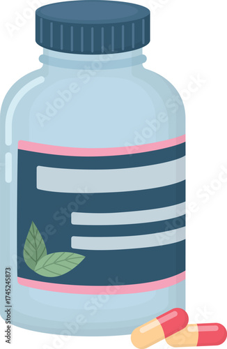 Medicine bottle and pills isolated on white background. illustration of container with vitamin pills. 