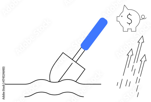 Shovel digging soil, piggy bank with dollar sign, arrows symbolizing growth. Ideal for finance, investment, savings, entrepreneurship, progress, business growth simple flat metaphor