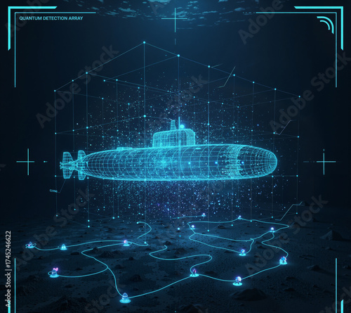 wireframe submarine detected in a glowing blue quantum grid or detection array on the seafloor.