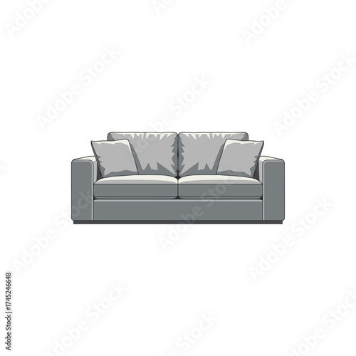 A modern gray sofa with plush cushions set against a minimalist white background