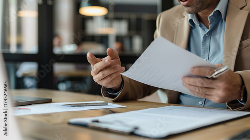 Businessman reviewing contract papers on desk