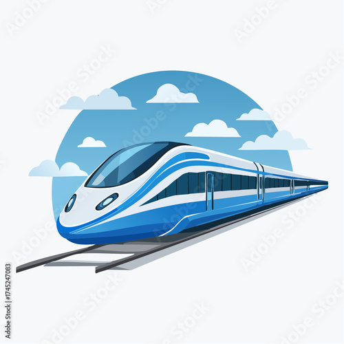 Modern high-speed train illustration on tracks, symbolizing rapid rail transport and advanced future travel technology