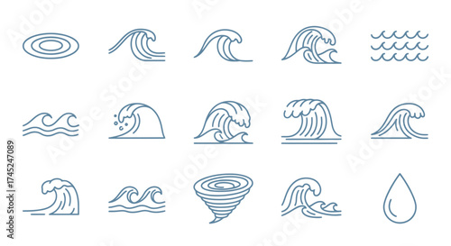A collection of blue line art icons depicting various water phenomena like waves, ripples, and a whirlpool.