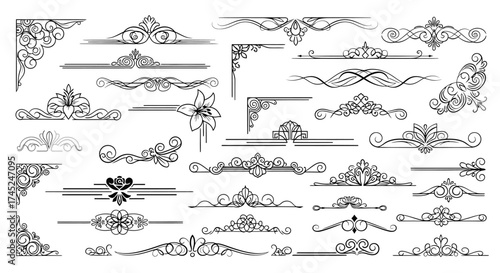 A collection of ornate black and white decorative flourishes and dividers, including corner elements and floral motifs.