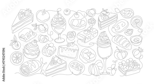 Continuous line art drawing of a variety of delicious desserts and sweet pastries, including cakes, ice cream, and puddings, on a white background.