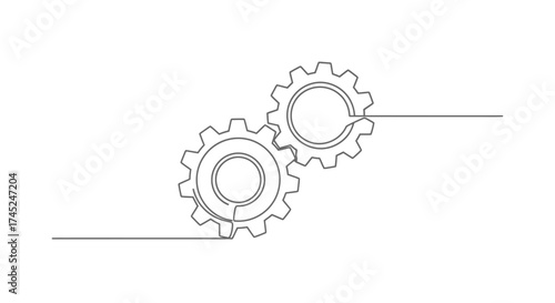Interlocked Gears Continuous Line Drawing of Mechanical Precision and Collaboration
