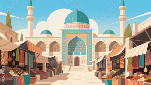 Illustration Of The Umayyad Mosque With A Traditional Market Full Of Cloth And Spices Vector Design Template