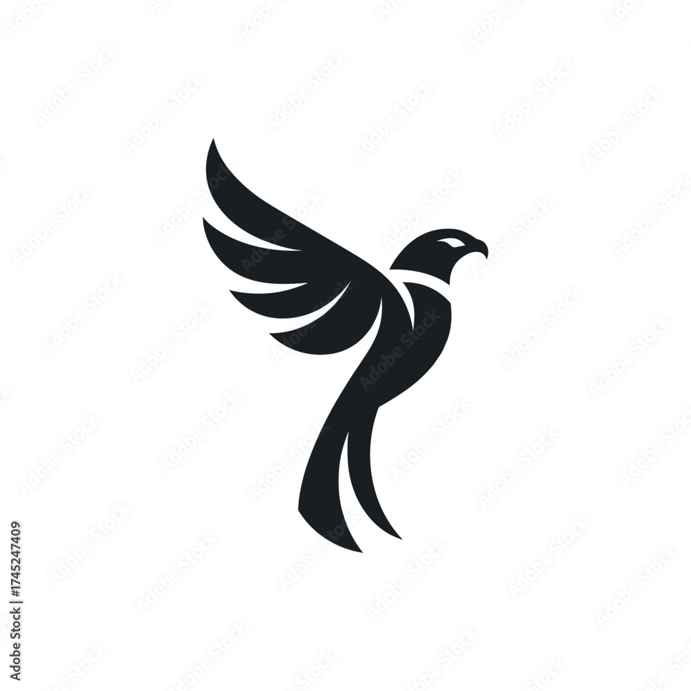 Fototapeta premium A stylized black silhouette of a soaring bird with extended wings against a white background