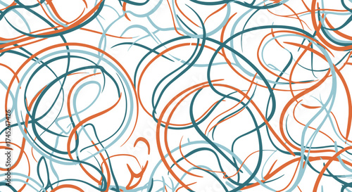 Abstract seamless pattern of tangled lines in blue and orange, creating a dynamic and chaotic artistic background